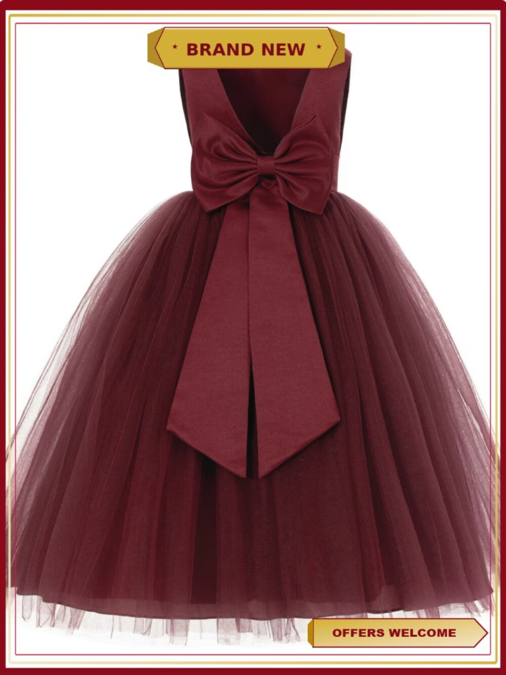 Flower Girl Dress Satin Tulle V-Back Princess Gown Wedding Communion